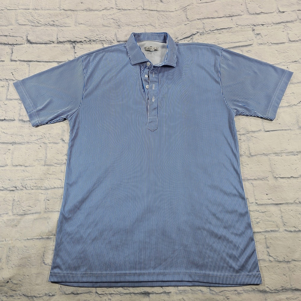 Collars & Co Dress Collar Polo Mens Large Blue White Striped Performance Shirt
